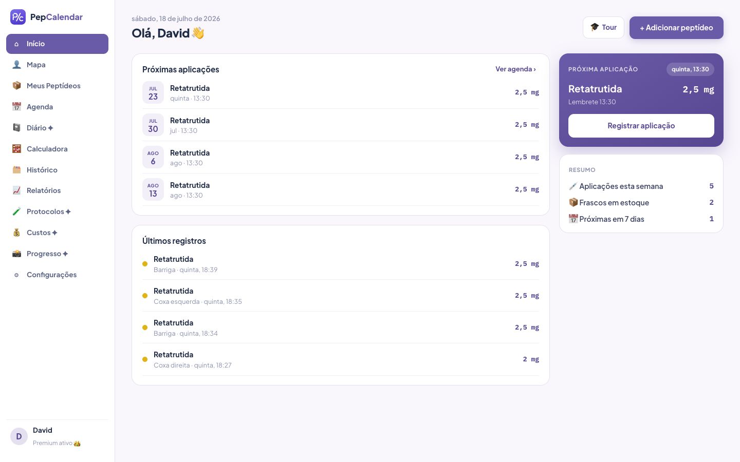 Painel inicial do PepCalendar com próximas aplicações, histórico e resumo
